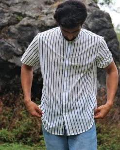 Ivory Striped Block Printed Cotton Half-Sleeved Shirt