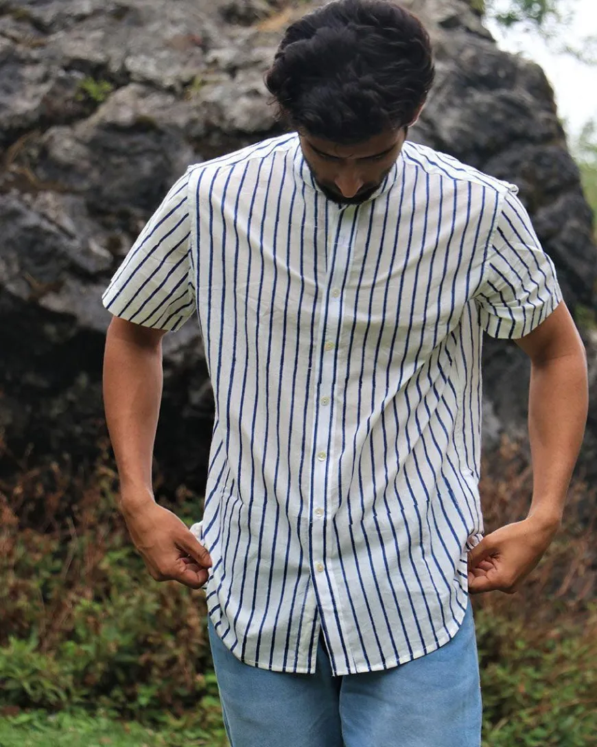 Ivory Striped Block Printed Cotton Half-Sleeved Shirt