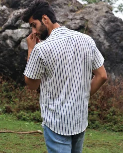 Ivory Striped Block Printed Cotton Half-Sleeved Shirt