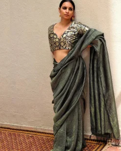 Jade Black Handwoven Linen Zari Saree - TOG