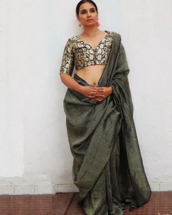Jade Black Handwoven Linen Zari Saree - TOG