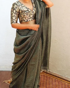 Jade Black Handwoven Linen Zari Saree - TOG