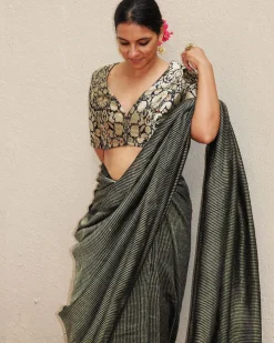 Jade Black Handwoven Linen Zari Saree - TOG