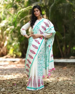 Jasmine's Joy Ivory Block Printed Saree - MMG