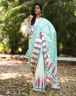 Jasmine's Joy Ivory Block Printed Saree - MMG