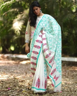 Jasmine's Joy Ivory Block Printed Saree - MMG