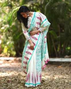 Jasmine's Joy Ivory Block Printed Saree - MMG