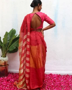 Jyotsna Maroon Handwoven Linen Zari Saree - Eknoor