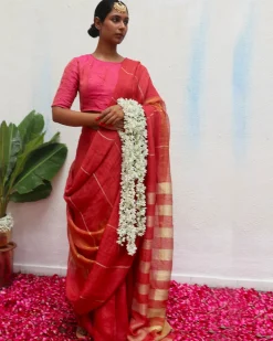 Jyotsna Maroon Handwoven Linen Zari Saree - Eknoor