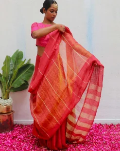 Jyotsna Maroon Handwoven Linen Zari Saree - Eknoor