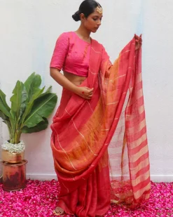 Jyotsna Maroon Handwoven Linen Zari Saree - Eknoor