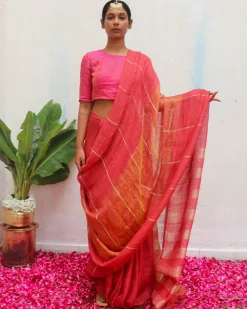 Jyotsna Maroon Handwoven Linen Zari Saree - Eknoor