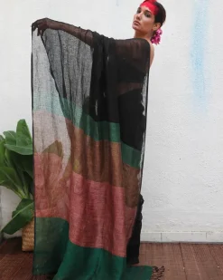 Kalavati Handwoven Linen Saree - Kaali