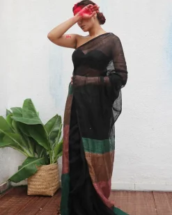 Kalavati Handwoven Linen Saree - Kaali