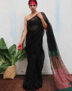 Kalavati Handwoven Linen Saree - Kaali