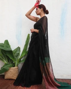 Kalavati Handwoven Linen Saree - Kaali