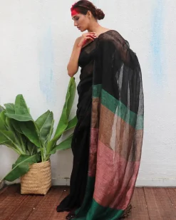 Kalavati Handwoven Linen Saree - Kaali