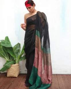 Kalavati Handwoven Linen Saree - Kaali