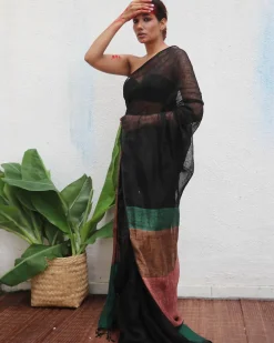 Kalavati Handwoven Linen Saree - Kaali
