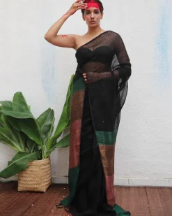 Kalavati Handwoven Linen Saree - Kaali