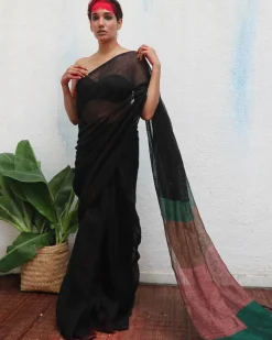 Kalavati Handwoven Linen Saree - Kaali
