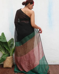 Kalavati Handwoven Linen Saree - Kaali