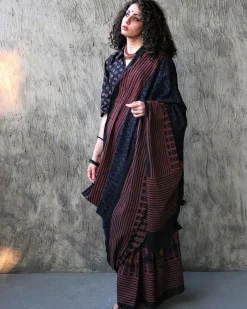 Kashton Hand Blockprinted Cotton Saree- Kohl