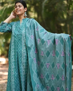 Kiss of the Carnation Teal Green Block Printed Dupatta - MMG