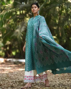 Kiss of the Carnation Teal Green Block Printed Dupatta - MMG