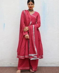 Kusum Crimson Mulmul Cotton Kurta Set with Dupatta Set of 3 - Jugnoo
