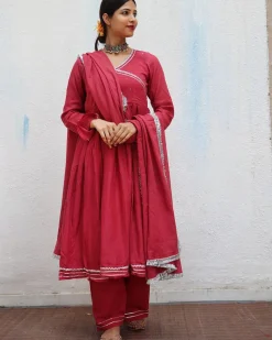 Kusum Crimson Mulmul Cotton Kurta Set with Dupatta Set of 3 - Jugnoo