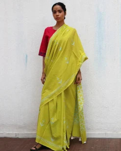 Lady Marmalade Green Handblock Printed Cotton Saree