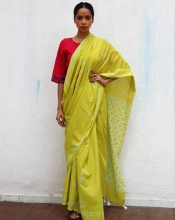 Lady Marmalade Green Handblock Printed Cotton Saree