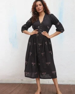 Laid Black Hand block Printed Cotton Dress - Mono