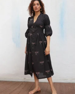 Laid Black Hand block Printed Cotton Dress - Mono