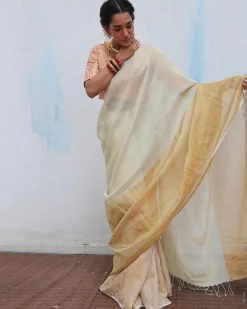 Lalitha Handwoven Linen Zari  Saree - Onam
