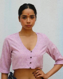 Lavender Jean Handblock Printed Cotton Crop Top Blouse