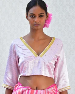 Lavender Sip Handblockprinted  Mashru Silk Blouse - Bgvl