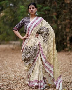 Lehraata Sa Ivory Hand Block Printed Cotton Saree - WW