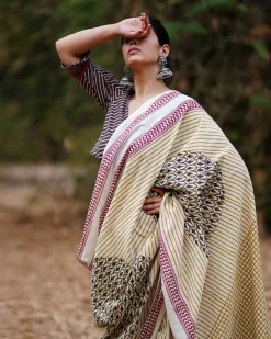 Lehraata Sa Ivory Hand Block Printed Cotton Saree - WW