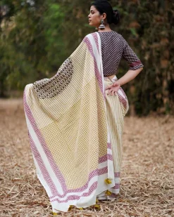 Lehraata Sa Ivory Hand Block Printed Cotton Saree - WW