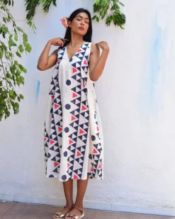 Lunar Cascade Handblockprinted Cotton Dress - Vnmn