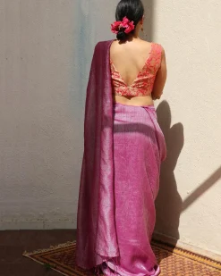 Madhumayi Purple Handwoven Linen Zari Saree - TOG