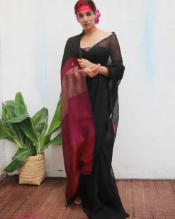 Maheshwari Handwoven Linen Saree - Kaali