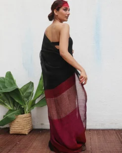 Maheshwari Handwoven Linen Saree - Kaali