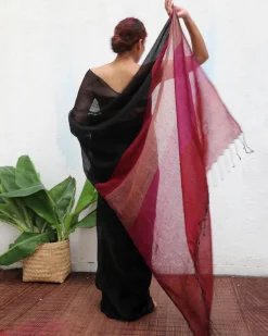 Maheshwari Handwoven Linen Saree - Kaali