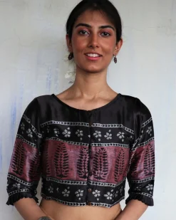 Mala Black Hand Blockprinted Mashru Silk Blouse-Yesterday