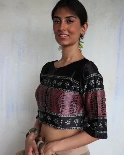 Mala Black Hand Blockprinted Mashru Silk Blouse-Yesterday