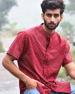 Maroon Block Printed Cotton Half-Sleeved Shirt