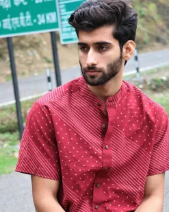 Maroon Block Printed Cotton Half-Sleeved Shirt